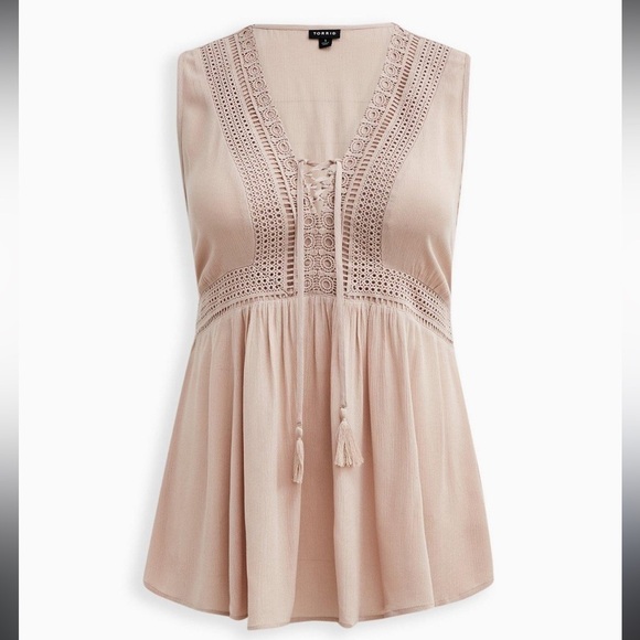 Torrid Plus Size - Babydoll Crinkle Gauze Crochet Inset Lace-Up Top - Picture 3 of 8